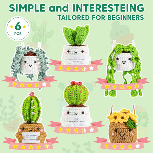 Imcrasy Crochet Kit | Crochet Kit for Beginners | Beginner Crochet Kit with Step by Step Video Lessons | 6 PC Potted Plants and Succulent Family C...