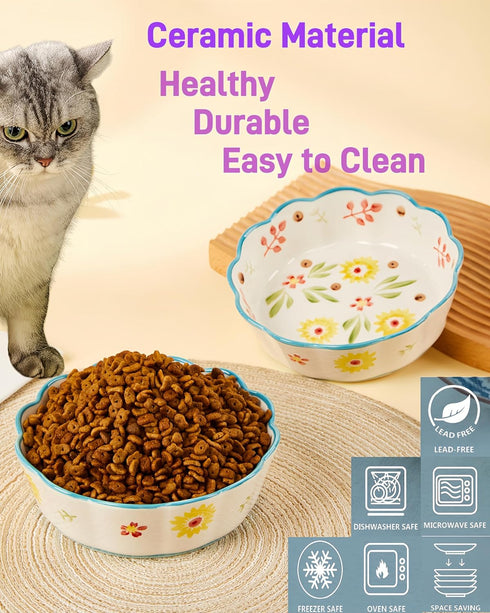 Premium Cat Food Bowl Set of 2, 6” Ceramic Cat Water Bowl, Cute Cat Bowls for Indoor Cats, Shallow Weighted Cat Dishes for Wet Food, Whisker Fatig...