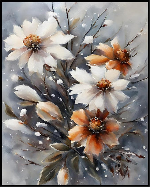 Posterizer 1 pcs-dainty flowers in snowy nature -oil painting style-5-Floral & Botanical Art-Landscape & Nature Art-Living Room Bedroom Decor- unf...