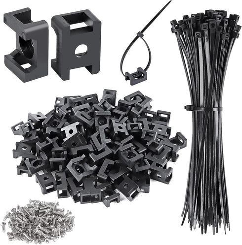 XHF 100 Pcs Cable Zip Tie Saddle Type Mounts Base with 100 Pcs 8" Cable Ties and 100 Pcs Tapping Screw, Wire Cable Clips Organizer Holders Clamps ...