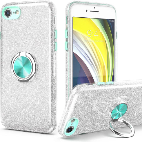 Slim Sparkly Case for iPhone SE 2020/SE 3 2022/8/7 with 360 Ring Holder Kickstand, Glitter, Silver...