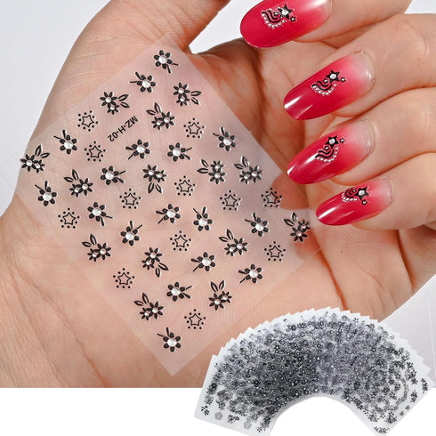 30 Sheets Black Flower Nail Stickers 3D Adhesive Nail Floral Stickers Black Multi-Design Flower Nail Decals for Floral Nail Supplies Nail Art Desi...