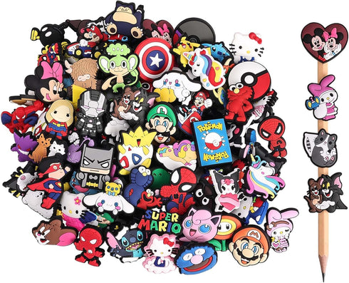 100PCS Mixed Anime Cartoon Pencil Toppers - Kawaii Pen Charms for Boys and Girls, Cute Classroom Rewards and Prizes for Students, Pencil Decoratio...