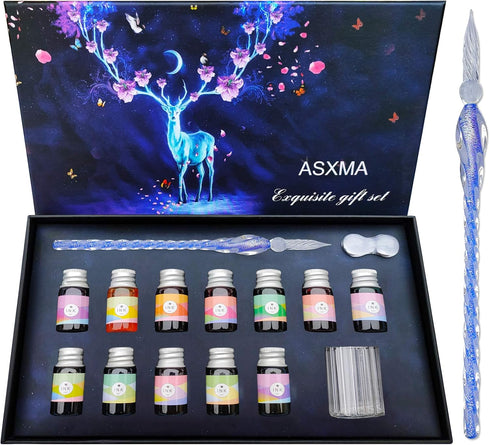Glass Dip Calligraphy Pen Set, 14-Pieces 12 Color Inks, Pen Holder, Cleaning Cup, 1Crystal Glass Pens for Art, Writing, Drawing, Signatures, Gift ...