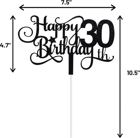 Black Glitter 30th Birthday Cake Topper, Happy 30th Birthday Cake Topper, 30th Birthday Party Decorations...