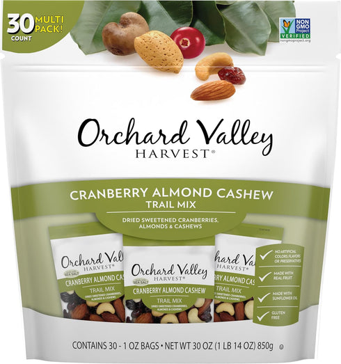 Orchard Valley Harvest Cranberry Almond Cashew Trail Mix, 1 oz (Pack of 30), Cranberries, Almonds, and Cashews, Non-GMO, No Artificial Ingredients...