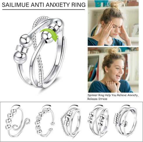 SAILIMUE 9Pcs Anti Anxiety Rings For Women Men Fidget Band Rings Set For Anxiety Unisex Adjustable Stacking Spinner Worry Stress Relief Ring With ...