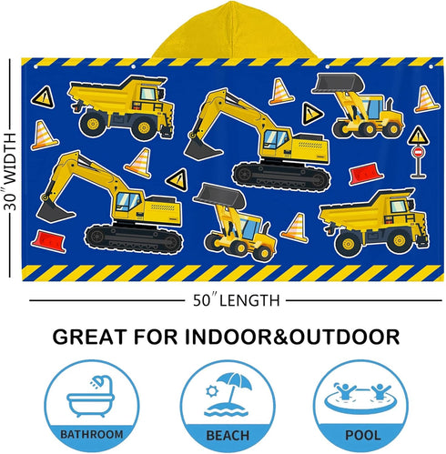 Kids Beach Towel With Hood - Excavators Vehicles Engineering Theme for Boys Girls, Microfiber Soft Bath Poncho Bathrobe Wrap Robe for Swim Pool - ...