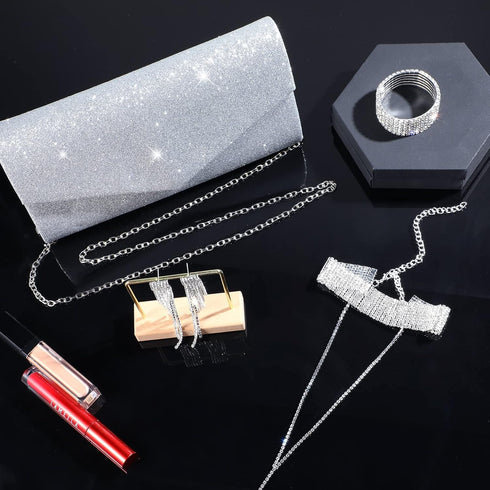 Meanplan 4 Pcs Silver Clutch Purse Jewelry Set for Women Evening Rhinestone Purse Silver Accessories for Women Bride Wedding Jewelry...