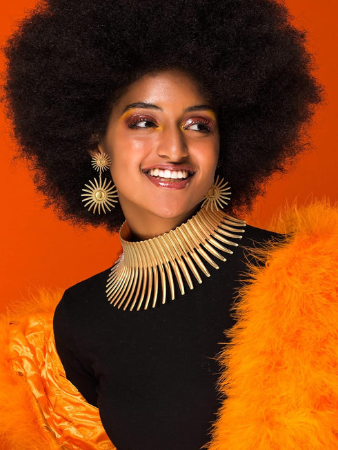 Yinkin 4 Pcs African Choker Necklace Earrings Bangle Set Statement Tooth Shape African Jewelry Sets for Women Tribal Jewelry(Gold)...