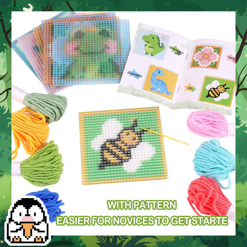 Pllieay 10-in-1 Cross Stitch Beginner Kit for Kids, Embroidery Kit Includes 10pcs Plastic Mesh Canvas with Pattern, 15 Yarns, 5 Weaving Needles, N...