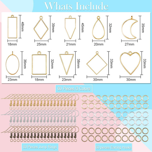 Inbagi 180 Pieces Open Bezels for Resin Jewelry Making Kit Hollow Frame Pendants Resin Craft Assorted Geometric Frame Charms for Resin Casting Nec...