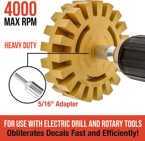 TCP Global Rubber Eraser Wheel with Drill Adapter - 4” Knobby Slotted Edge Pad - Decal Remover Wheel - Sticker Remover Tool - Removes Adhesives on...