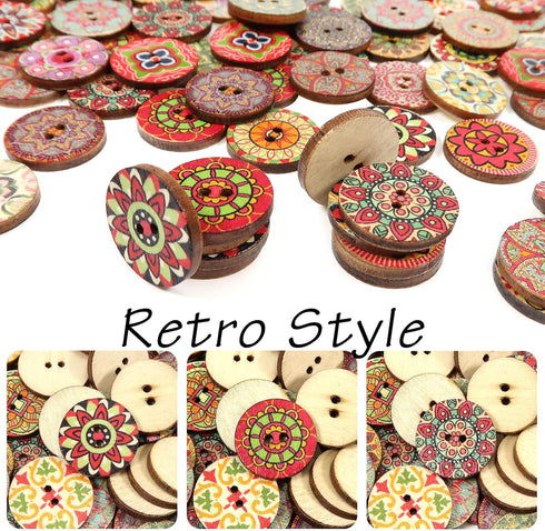 Wooden Buttons 100Pcs Round 2 Holes Old Fashioned Painted Flower for Sewing Crafting Colorful Patterns 0.78in...