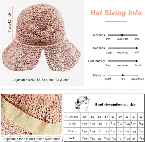 Foldable Wide Brim Floppy Straw Beach Sun Hat,Summer Cap with Bowknot for Women Girls,Strap Adjustable...