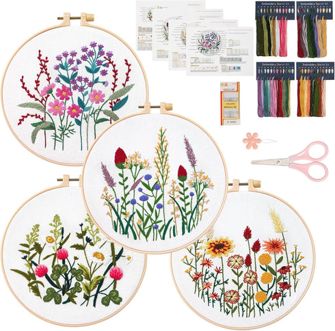 Dremisland 4 Sets Embroidery Kit for Beginners Cross Stitch Kits for Adults with Cute Flowers and Plants Patterns Beginner Embroidery Kit for Adul...
