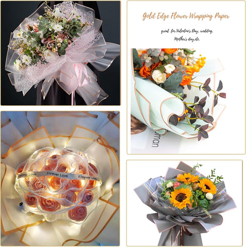 20 Sheet Gold Edge Flower Wrapping Paper, White Florist Bouquet DIY Craft Fresh Flower Bouquet Wrap Waterproof Floral Wrapping Gift Box Packaging ...