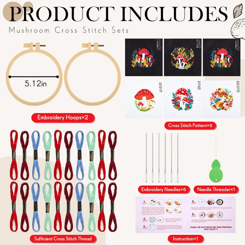 Juexica 6 Pcs Mushroom Cross Stitch Sets Mushroom Embroidery Kit for Beginners with Pattern and Instructions, 2 Embroidery Hoops, 6 Needles, Needl...