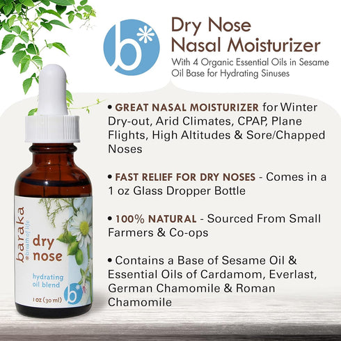 Baraka Dry Nose Nasal Moisturizer - Organic Essential Oils (Cardamom, Everlast, German & Roman Chamomile) in Sesame Oil Base - Hydrating Sinuses &...