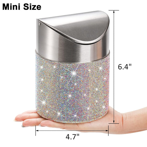 ZOOFOX Countertop Trash Can, 1.5 Liter Bling Rhinestone Garbage Bin with Swing Lid for Home, Office, Vanity Tabletop, Bedroom, Bathroom...