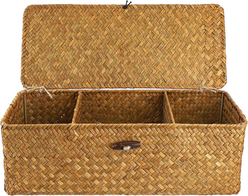 Hipiwe Seagrass Storage Basket Bin with Lid Rectangular Woven Shelf Baskets with 3-Section Toilet Paper Basket Holder for Closets Pantry Bathroom ...
