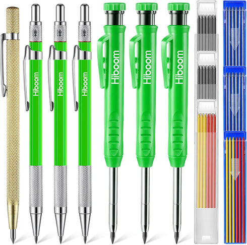 Hiboom 7 Pcs Carpenter Mechanical Pencil 2-in-1 Set with 54 Pcs Solid Refills Carbide Scriber and Deep Hole Marker Woodworking Construction Built ...