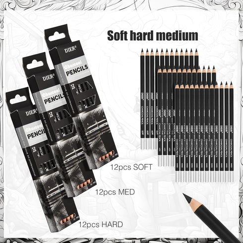 Geyoga 36 Pcs Professional Charcoal Pencils Soft,medium and Hard for Drawing Charcoal Pencils Drawing Set Drawing Pencils for Sketching Shading Dr...
