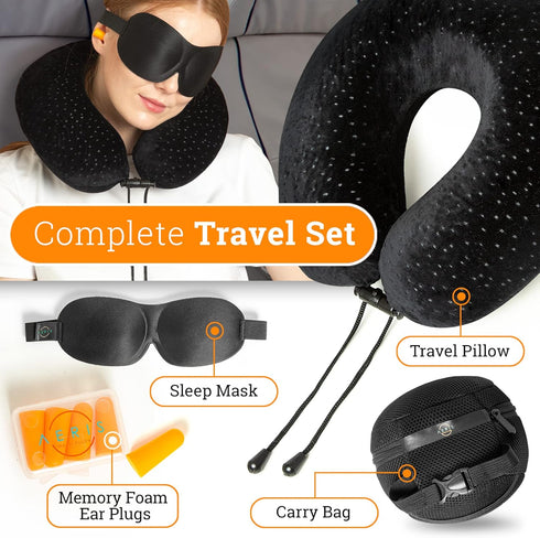 Aeris Memory Foam Travel Pillow for Airplanes - Best Airplane Neck Pillow for Long Flights - Plane Accessories Carry Bag to Save Space, Ear Plugs ...