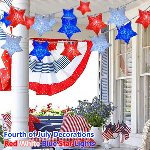 Red White Blue Star Lights 6.8Ft 4th of July Decorations Light 10 LED Star String Lights Battery Operated with Timer, Red White and Blue Light for...