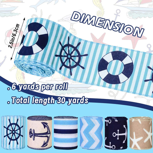 6Rolls Nautical Wired Edge Ribbon 2.5Inch Navy Blue Anchor Waves Stripes Starfish Printed Fabric Ribbon for Baby Shower Summer Holidays Under The ...