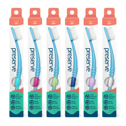 Preserve Eco Friendly Adult Toothbrushes, Made in The USA from Recycled Plastic, Soft Bristles, Paperboard Package, Colors Vary, 6 Count (Soft)...