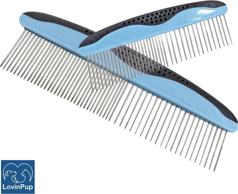Dog Comb Set for Grooming, 2 Pack, Pet Grooming Comb with Stainless Steel Teeth, Comfort Grip Handle, Dog Grooming Supplies, Large Pet Comb and Sm...