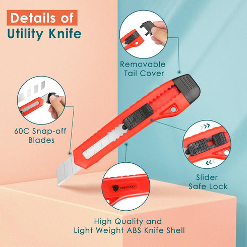ORIENTOOLS Utility Knife Box Cutter Razor Auto-lock 4-Pack Set, Retractable Box Cutter Snap Off Blades Knife, for Office, Home, Arts, Crafts, Red ...