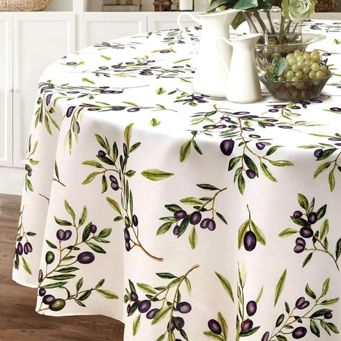 CAIT CHAPMAN HOME COLLECTION Four Seasons Series Olive Leaves and Branches Printed Nature Botanic Easy-Care Fabric Tablecloth (Olive Branch, 70" R...
