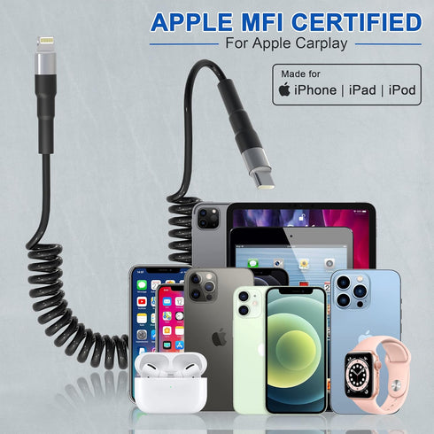 Coiled USB-C to Lightning Cable, Apple Carplay Compatible & MFi Certified, Car USB C Lightning Cable with Data Transmission and LED, iPhone Retrac...
