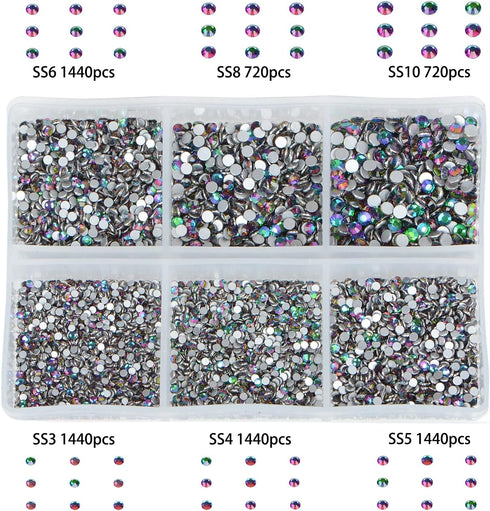 Bymitel 7200 Pieces 6 Mixed Sizes Glue Fix on Glass Rhinestones Round Crystal Gems Flatback for DIY Jewelry Making with one Picking Pen(6-Sizes 72...