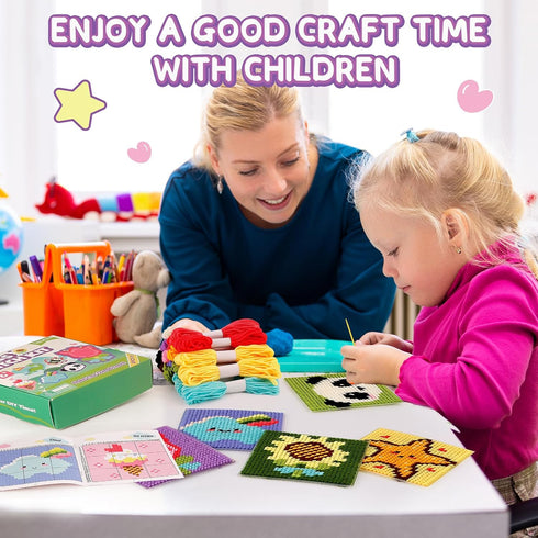 Caydo 8-in-1 Cross Stitch Kit for Beginners Kids, Includes 8 PCS Plastic Canvas with Pre-Patterns, 13 Colors Threads, Instructions, Embroidery Nee...