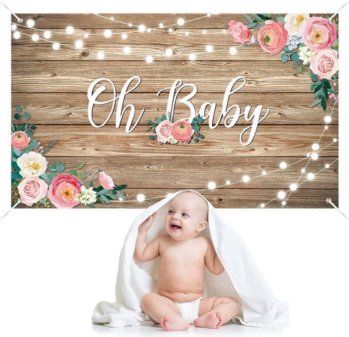 Rustic Wood Baby Shower Backdrop Banner Oh Baby Floral Baby Shower Decorations Background for Girls and Boys Wood Floor Flower Wall Newborn Birthd...