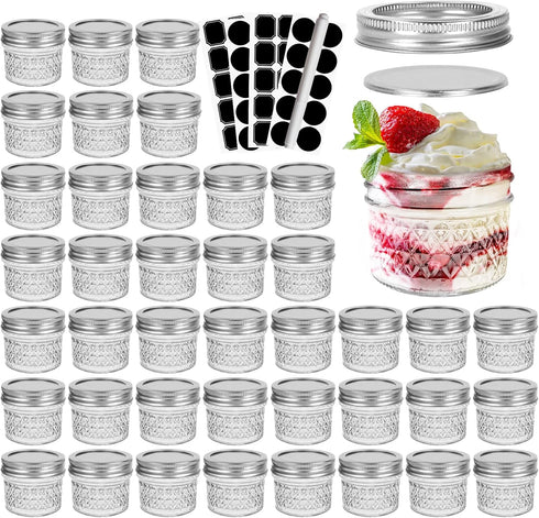 CycleMore 40 Pcs 4oz Clear Glass Mini Mason Jars With Silver Separable Lids and Diamond appearance, Small Spice Canning Jars for Honey, Jam, Jelly...