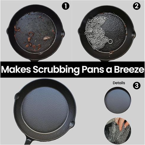 Cast Iron Scrubber 316 Stainless Steel Skillet Cleaner 8"x6" Chainmail Scrubber Scraper Chain Mail Link Scrub for Cast Iron Pre-Seasoned Pans, Gri...