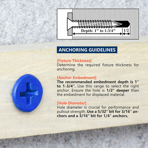 3/16" x 1-3/4" Concrete Screw Anchor, Blue Flat Head Screws for Anchoring to Masonry, Brick, Block, Cement or Stucco (Pack of 60)...