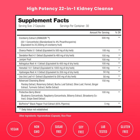 Kidney Cleanse Detox & Repair | 22-In-1 Kidney Health Supplement | Extra Strength 50:1 Cranberry Extract with Bioperine for Increased Absorption |...