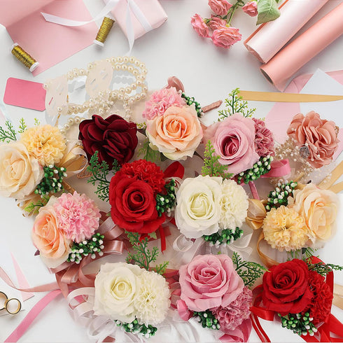 HIONXMGA 14 PCS Corsage Wristlet Band Silver Wrist Corsage Bracelets Bands, Wedding Party Prom Wristlets Band DIY Handmade Corsage Supplies Alumin...
