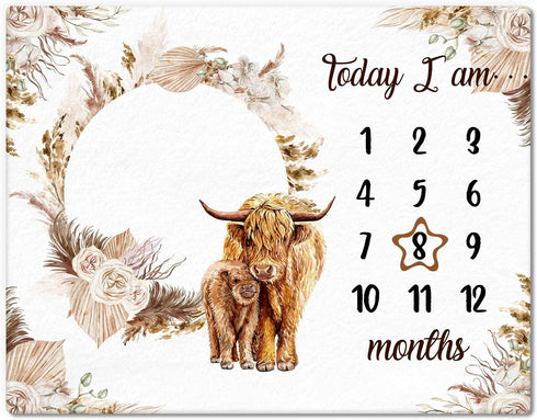 Boho Floral Baby Monthly Milestone Blanket Neutral Bohemian Photo Prop Blanket Personalized Highland Cow Baby Present Pampas Grass Ideas for Baby ...