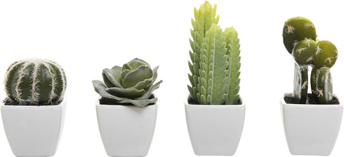 MyGift Set of 4 Assorted Miniature Artificial Succulent & Cactus Plants in White Cube-Shaped Pots...