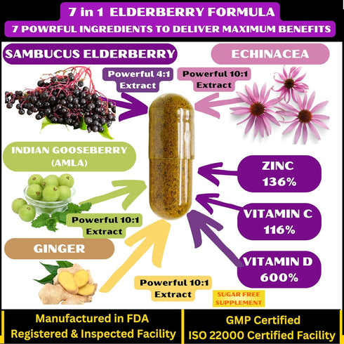 7 in 1 Elderberry with ZINC, Vitamin C, Vitamin D, Echinacea, Ginger & Indian Gooseberry (Amla).Premium Elderberry Capsules 90 ct, All Natural,Non...