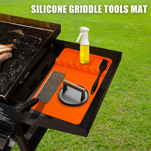 Silicone Griddle Tools Mat for Blackstone,Silicone Griddle Tools Mat with Drip Pad?Grill BBQ Caddy Utensils Holder for Kitchen,Cooking & Counterto...