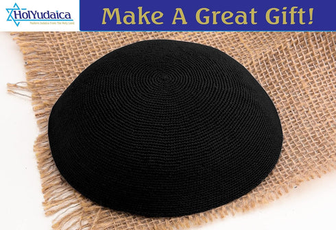 Hand Made 100% Cotton DMC Hand Knitted Kippah Hat from Israel, Hats for Men, Yarmulke Hat, Kippah for Men and Kids (Black, 20cm-7.9inch-Flat)...