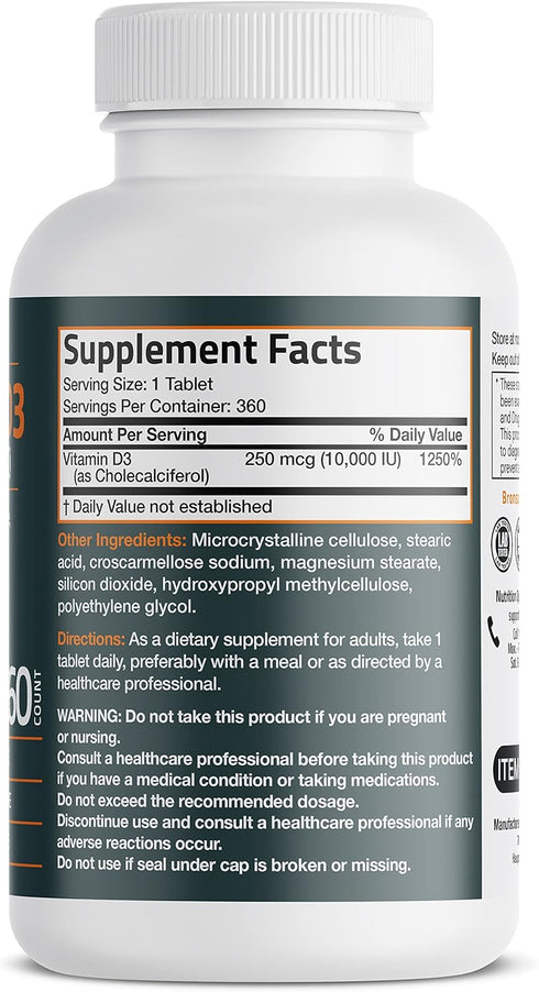 Bronson Vitamin D3 10,000 IU (250 MCG) 1 Year Supply for Healthy Muscle Function and Immune Support, Non-GMO, 360 Tablets...