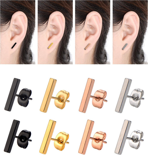 4 Pairs Stud Earrings Stainless Steel Line Stick Stud Earring Rectangle Bar Stud for Men and Women, 4 Colors...